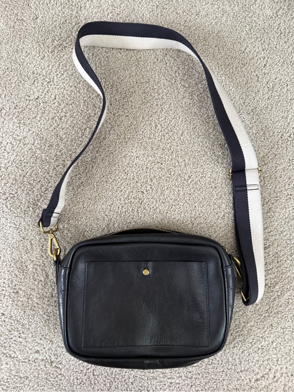 Madewell Leather Crossbody Camera Bag with Black & White Strap